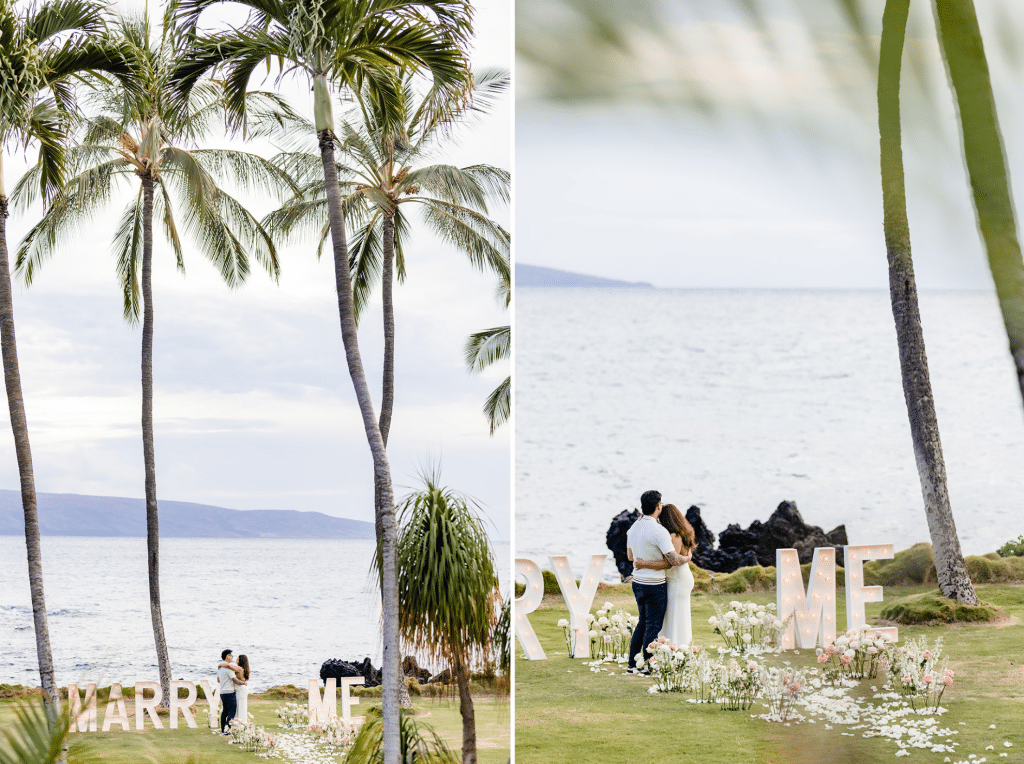 Side by side photos of William and Roshni hugging and looking at each other and then the ocean after William proposed