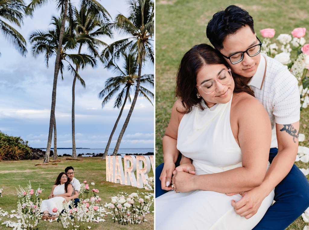 Side by side photos of William sitting behind Roshni and hugging her while they look at the flowers and soak in the moment together