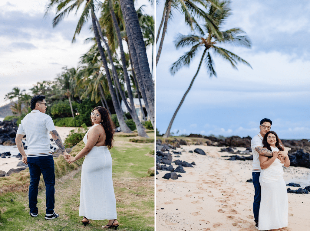 Side by side photos of William and Roshni walking along the shores edge holding hands and hugging in the sand
