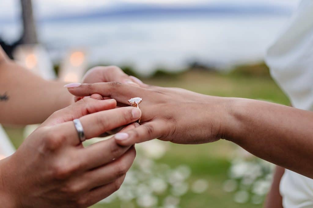 Close up shot of William putting the ring on Roshni's finger