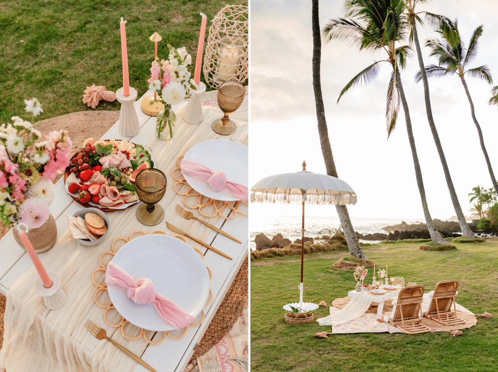 Two photos side by side. The first image is of the spread on the picnic table. A small charcuterie plate and candlesticks. Pink and white flowers and table settings. The second photo is a view of the picnic from the left side with the ocean and palm trees in the background.