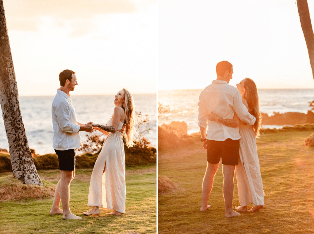 Two photos side by side of Patrick and Rachel holding hands and laughing and then hugging while the sun sets behind them.