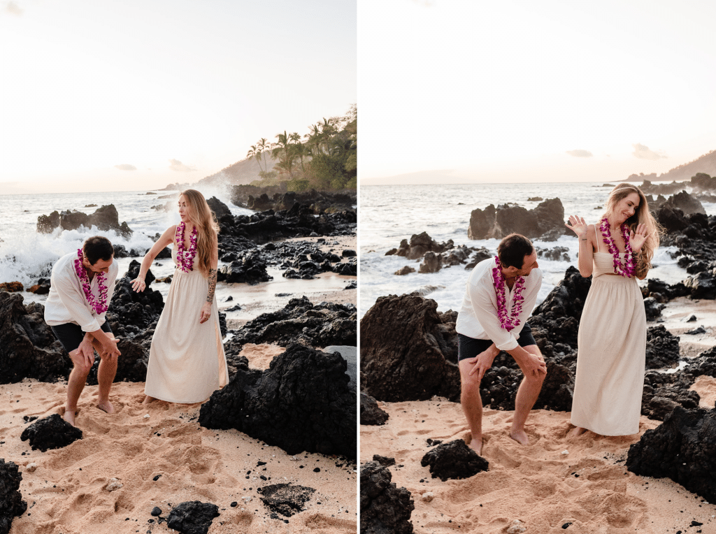 Two side by side photos of Patrick and Rachel on the beach. Patrick is dancing and Rachel is shocked and throws her hands up to let him do his thing.