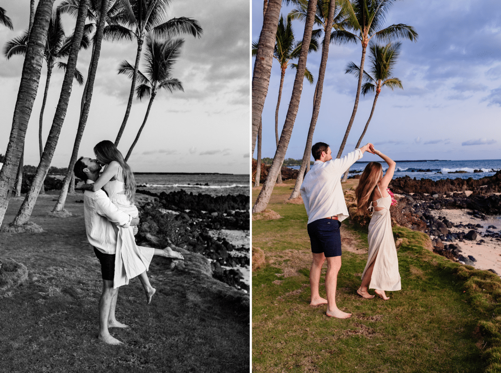 Two photos of Patrick and Rachel spinning and kissing on the grass next to the beach.