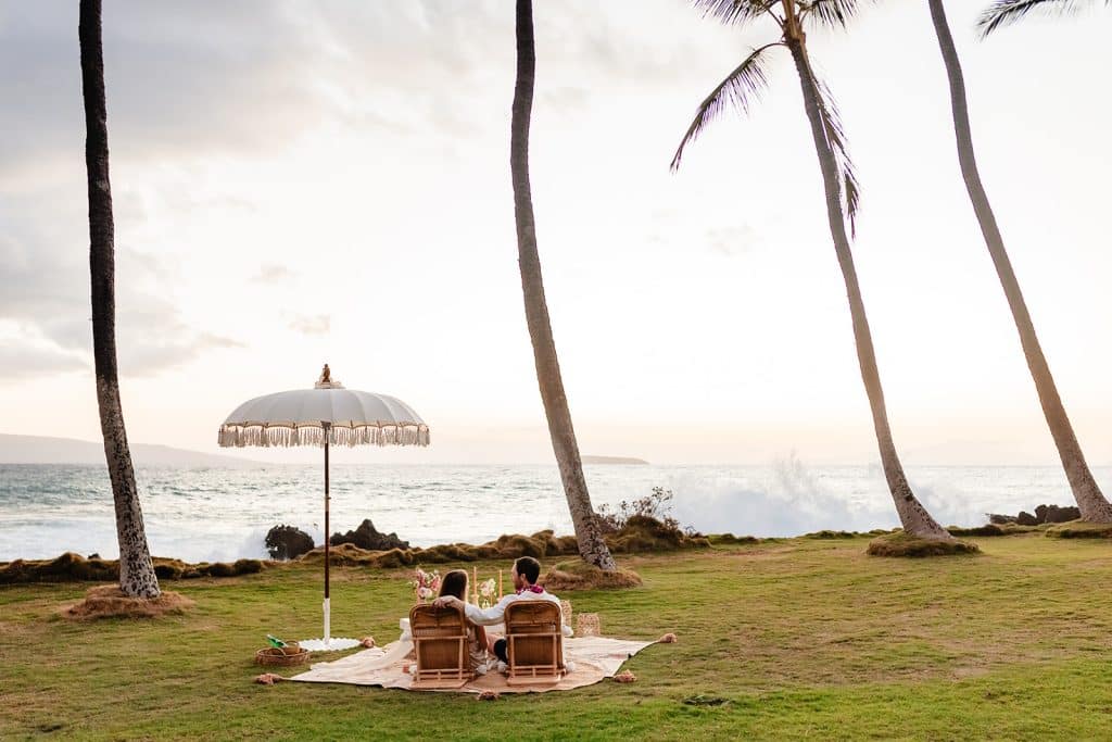 A view of Patrick and Rachel at the picnic from the back with the ocean crashing in the background