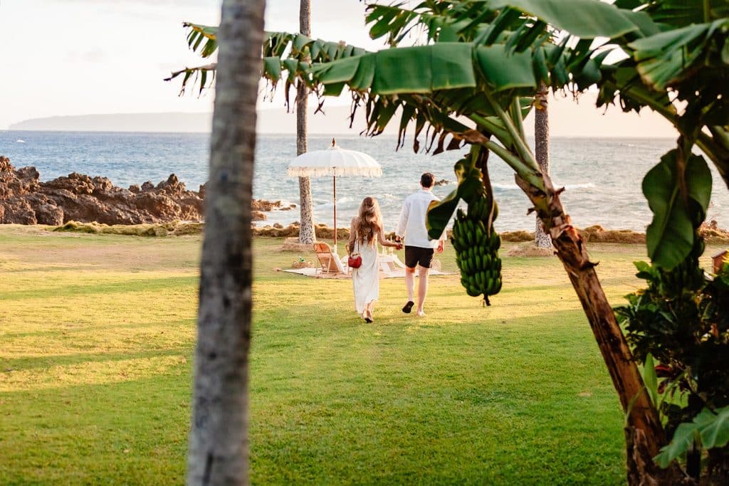 Patrick and Rachel seen holding hands and walking towards the picnic setup. The photographer hiding behind trees.