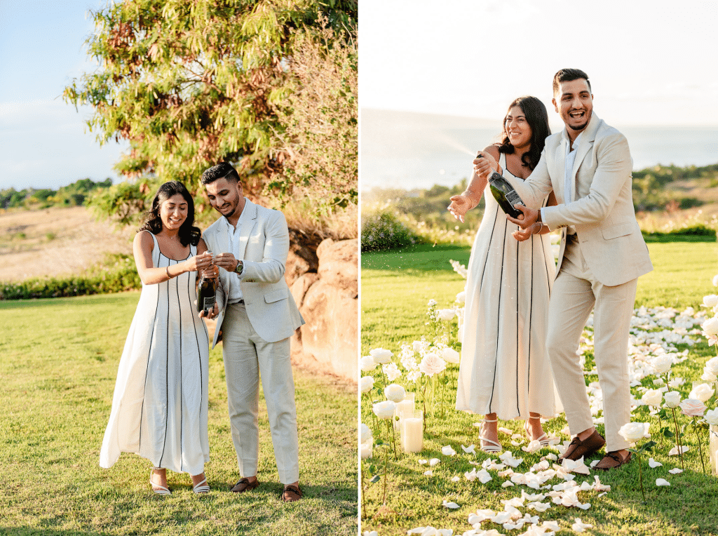 Two side by side photos of Pruthvi and Tithi opening up a bottle of bubbly. One is them opening the lid and the other photo is Pruthvi shaking it and spraying the bubbly everywhere.