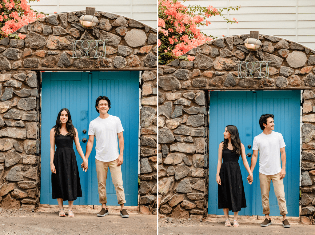 Two side by side photos of Alejandra and Hector standing next to each other and holding hands. The first photo they are looking at the camera and smiling. The second they are looking in different directions. A blue door and bricks are behind them for a perfect backdrop.