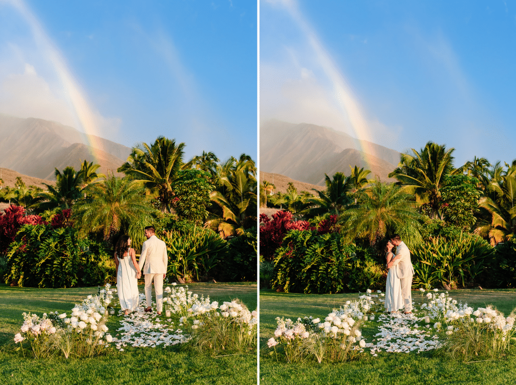 Two side by side photos of Pruthvi and Tithi standing along the floral path with the palm trees, mountains, and rainbow all in the background.