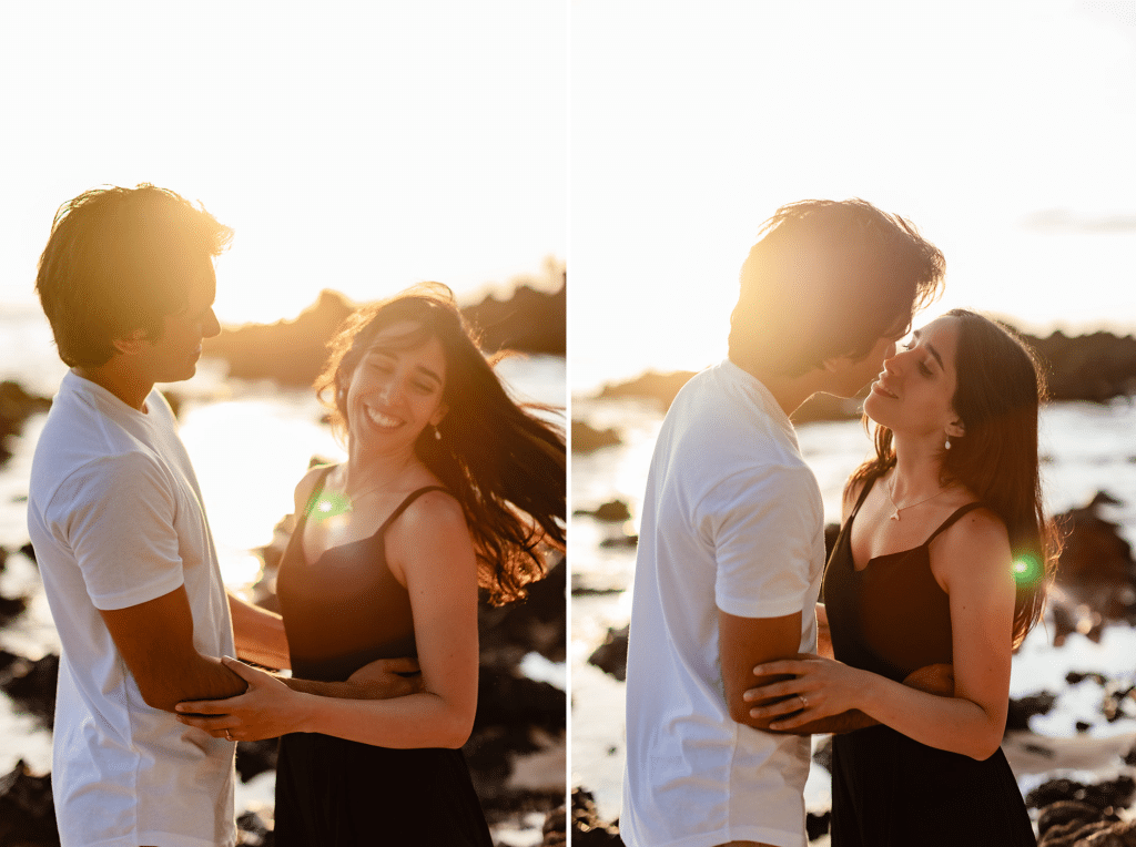 Two side by side photos. Hector and Alejandra are embracing and the sun is setting behind them. The first photo Alejandra is spinning her hair around and laughing. The second photo they are going in for a kiss.