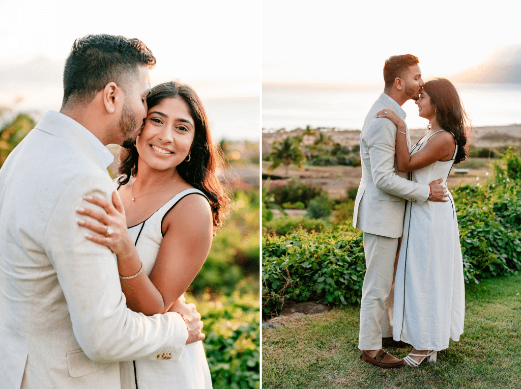 Two side by side photos of Pruthvi and Tithi. One photo is where he's giving her a kiss on the cheek while she smiles at the camera. The other photo he is kissing her on the forehead as the sun sets behind them.