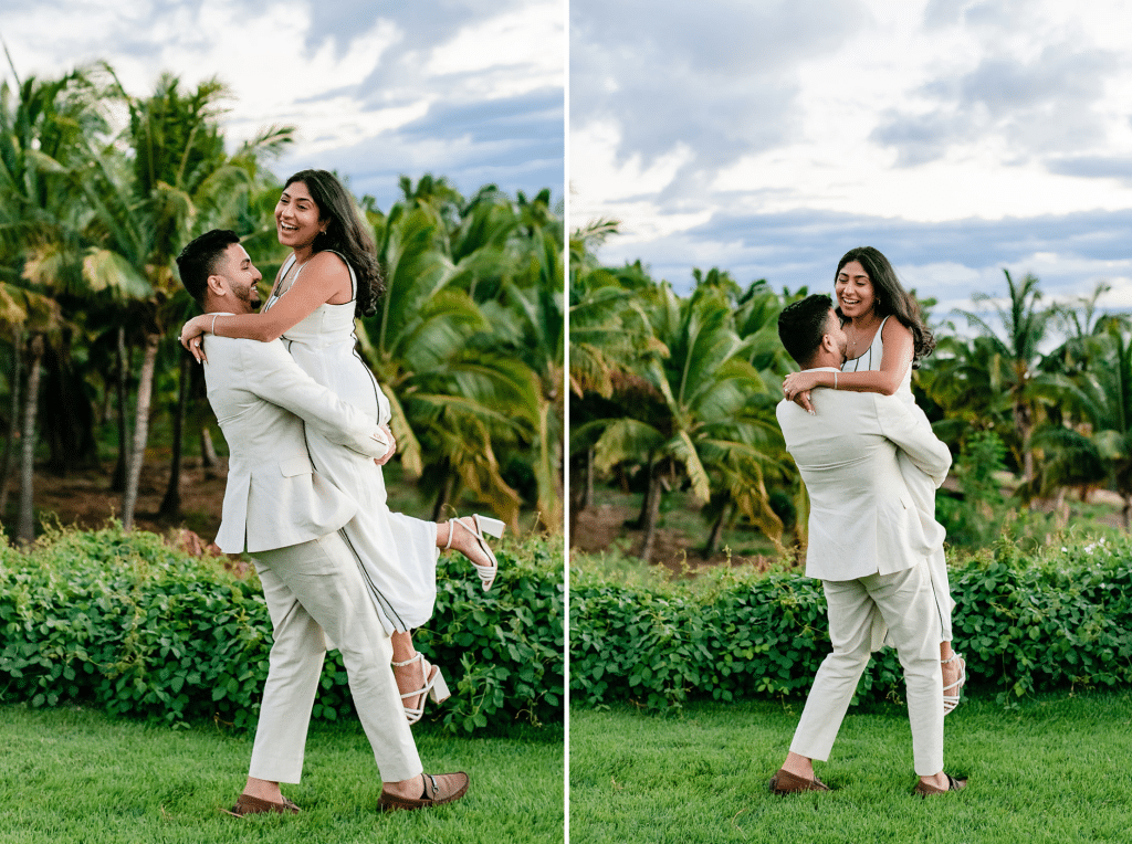 Two side by side photos of Pruthvi picking up Tithi and spinning her around as she laughs.