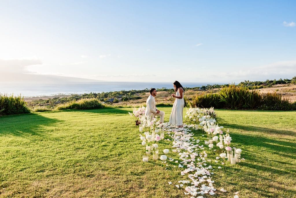 A far away photo of Pruthvi on one knee and Tithi listening to him as he proposes. 
