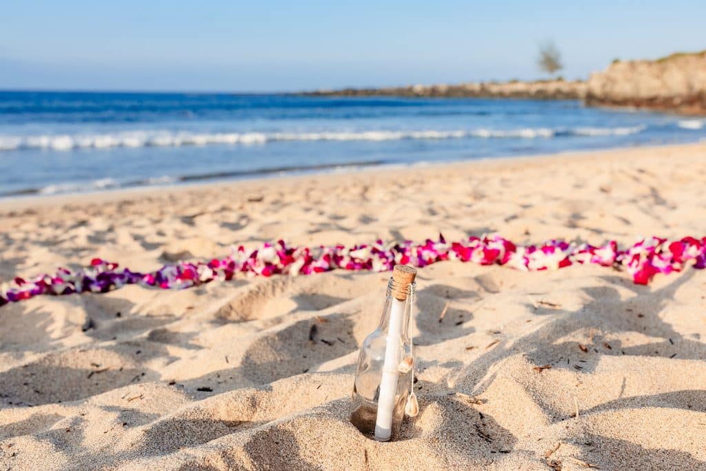 A closeup photo of the message in a bottle sticking out of the sand and surrounded by orchids