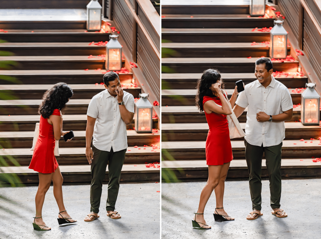 Two side by side photos of Raynell and Denise laughing. One photo Raynell is wiping tears from his eyes and the other photo, Denise is wiping away tears.
