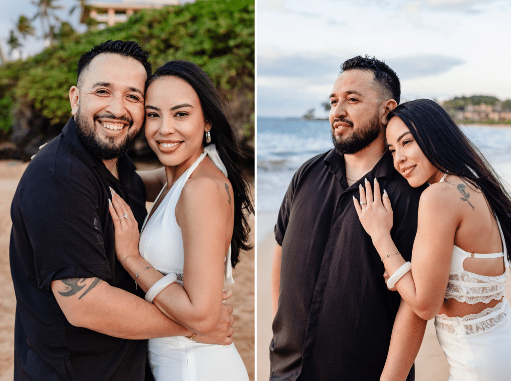 Two side by side photos of Brandon and Alexis close up. The first photo is Brandon hugging Alexis and her resting her hand on his chest. They're both smiling at the camera. The second photo is of Brandon and Alexis looking at the sunset over the water. She's leaning her head on his shoulder and resting her hand against his chest.