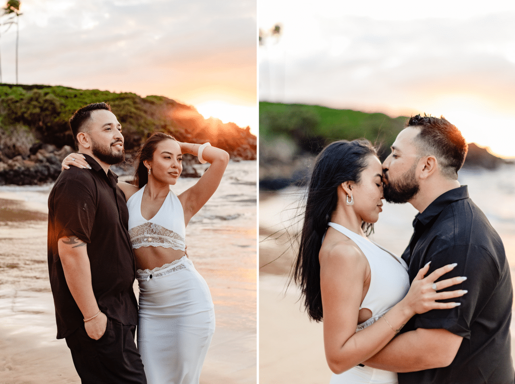 Two photos side by side. The first photo is Brandon and Alexis looking at the water while she wraps one arm around his shoulders and the other is pushing the hair out of her face. The second photo is them embracing while Brandon kisses Alexis' temple.