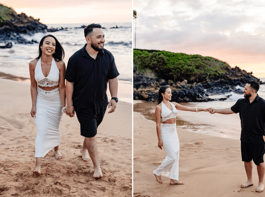 Two side by side photos of Brandon and Alexis holding hands. The first one they are close together and walking away from the water and laughing. The second they are holding hands at arms lenght and looking at each other laughing. Brandon is going in to spin her. 