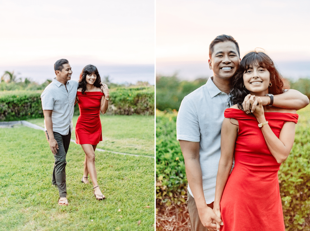 Two side by side photos of Raynell and Denise smiling. The first one is them walking in the grass with Raynells arm around her shoulder. The second photo is the two of them smiling at the camera, his arm still around her shoulder as she holds his hand.