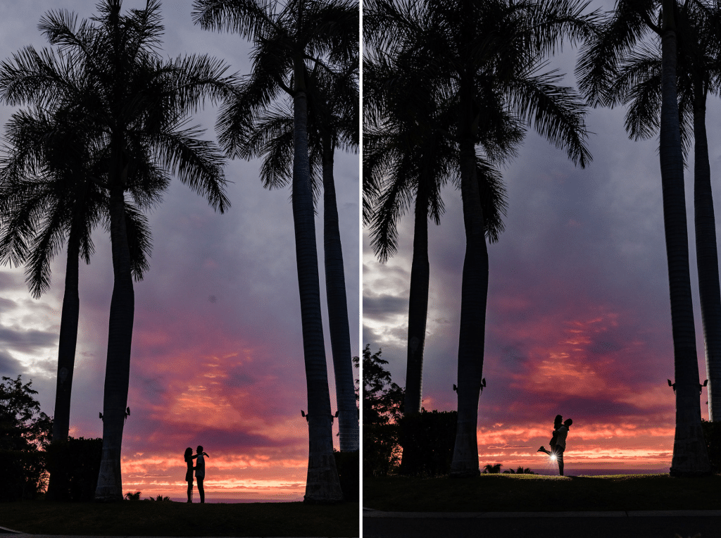 Two side by side photos of Raynell and Denise's silhouette in between tall palm tree silohouettes. The first photo Denise has her arms around Raynells neck. The second photo he is picking her up while her legs are in the air. The sun is setting behind them.