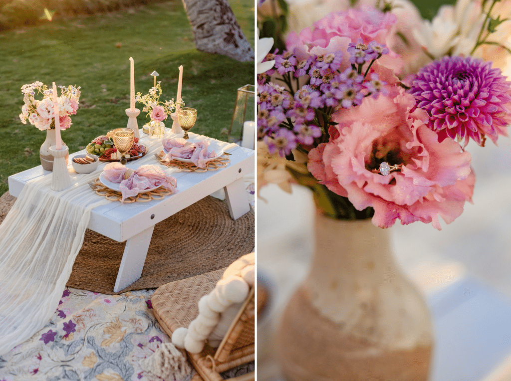 Two side by side photos showing the details of the sunset picnic proposal setup. The first image is the table setup filled with two. floral arrangements, pale pink candle sticks, two plates and votives, and a charcuterie board. The second photo is a close up image of her engagement ring sitting in the middle of a pale pink flower.