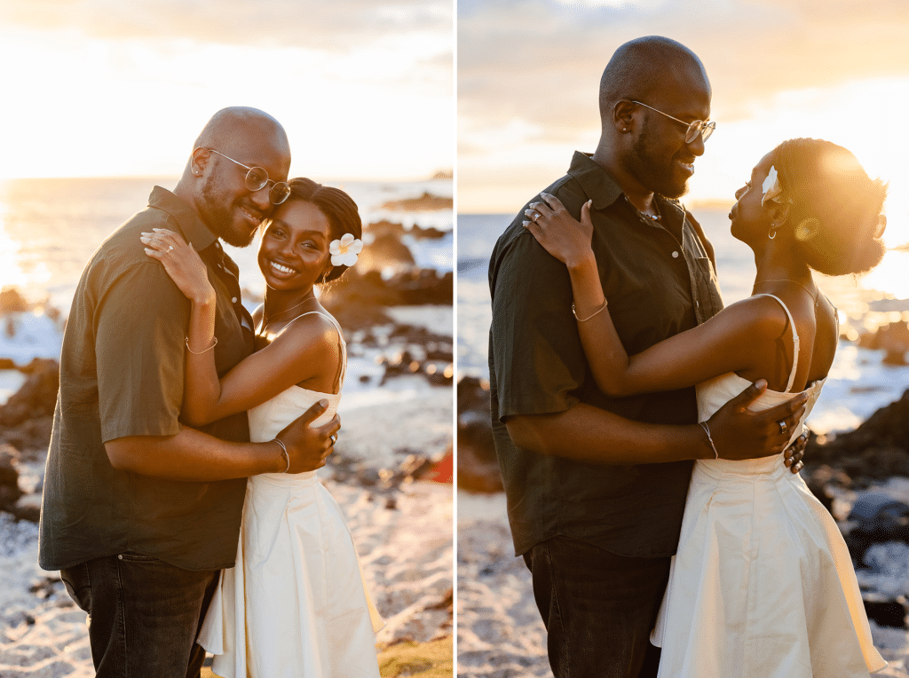 Two side by side images. The first has Ernest and Gloria embracing and looiking at the camera smiling. The waves crashing into rocks on the beach in the background as the sun is setting behind them. The second photo Ernest and Gloria are embracing and smiling at each other.