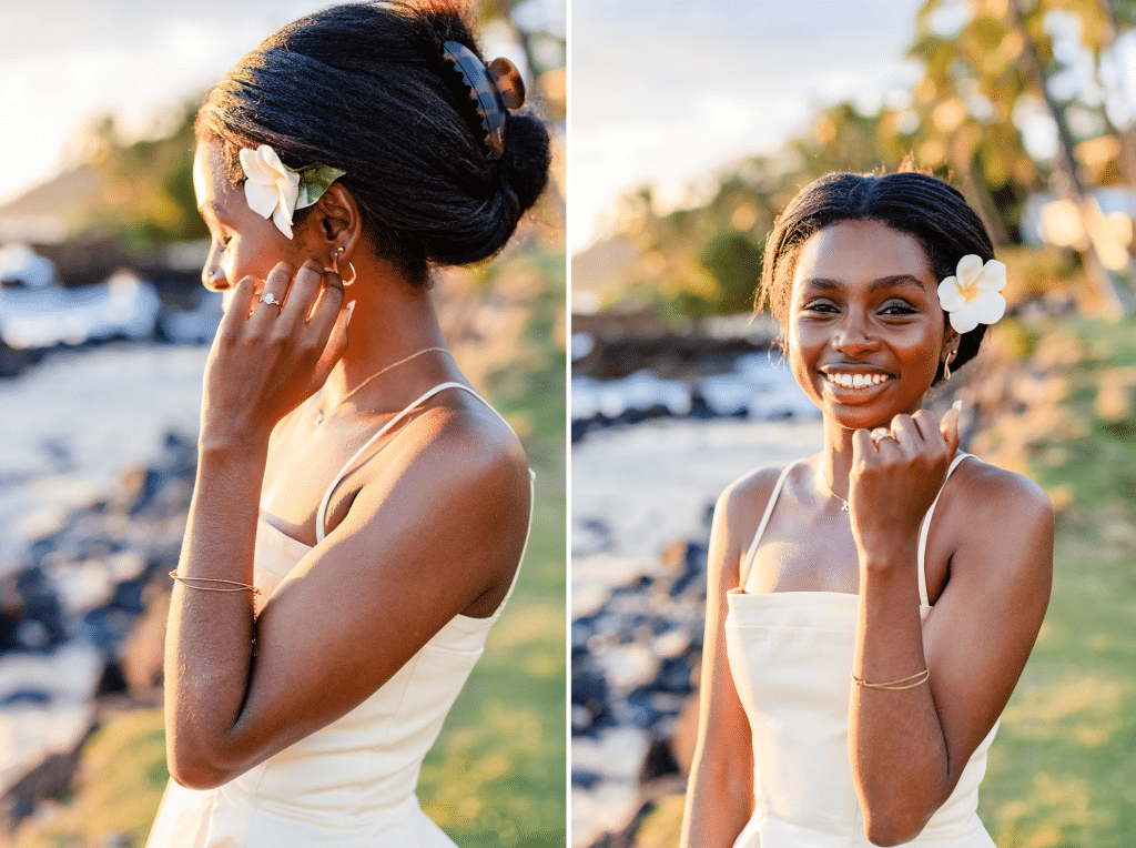 Two side by side photos of Gloria. The first is Gloria reaching up to touch her ear where a flower rests and showing off her engagement ring. The second photo is of Gloria bringing her hand down and smiling at the camera as the sun is glowing behind her.