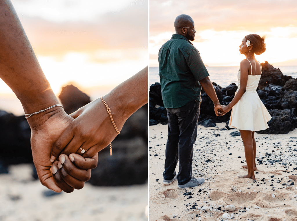 Two photos side by side. A close up photo of the newly engaged couple holding hands and showing off her new engagement ring. The second photo is a zoomed out image of Ernest and Gloria holding hands on the beach and looking at each other while the sun sets behind them.