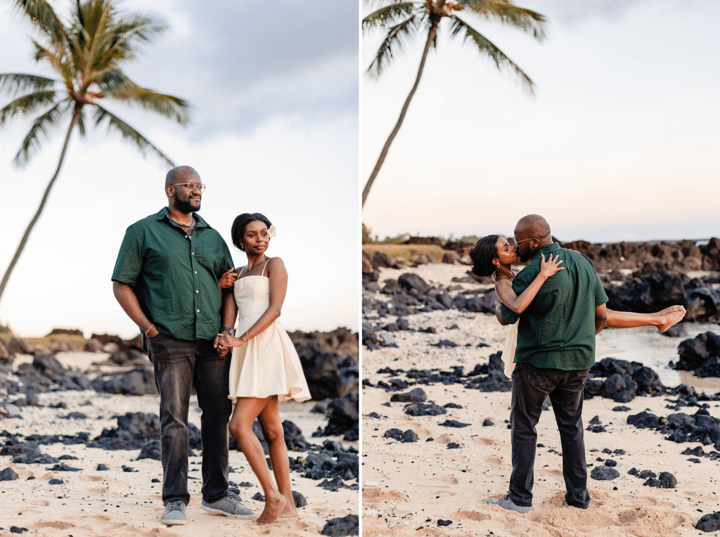 Two photos side by side of Ernest and Gloria on the beach. The first image has Gloria wrapping her arms around Ernest's arm while they look at the sunset. The second photo is Ernest picking up Gloria and giving her a kiss as he spins her around.