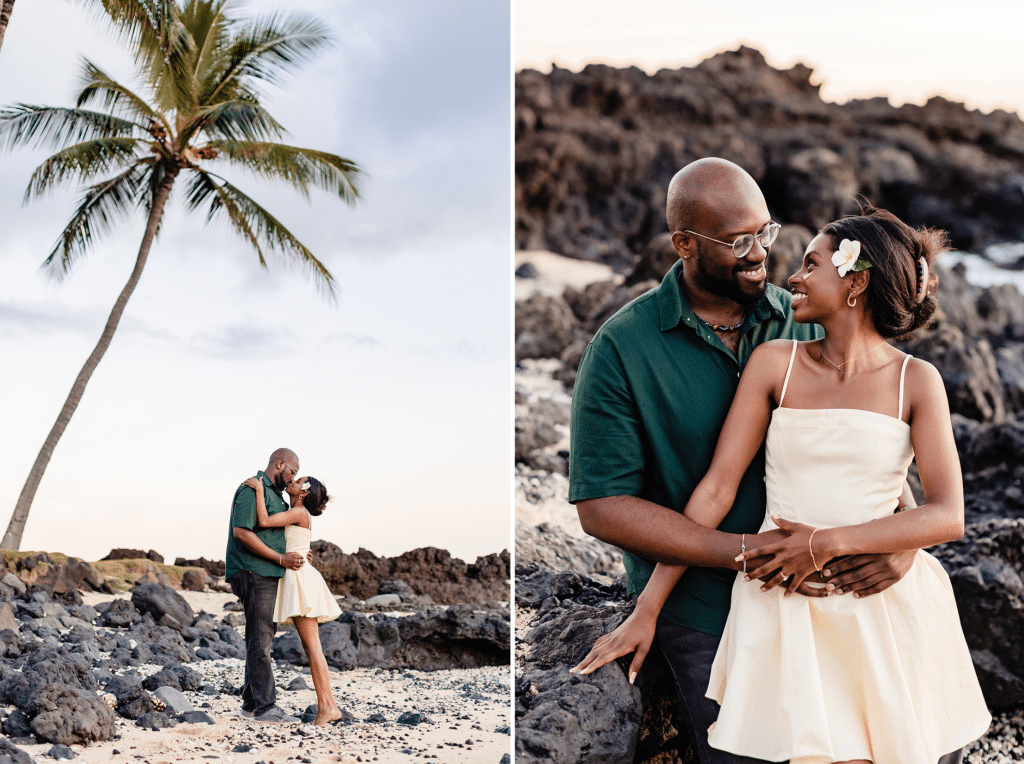 Two side by side photos of Ernest and Gloria. The first is a photo of Ernest and Gloria sharing a kiss in the sand as a palm tree stretches out behind them. The second photo has Ernest leaning against the rocks of the beach and holding Gloria's waist as she leans into him and smiles at him.